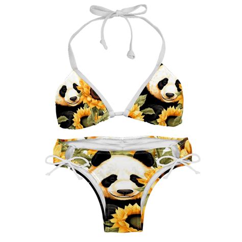 Panda Sunflower Detachable Sponge Adjustable Strap Bikini Set Two Pack Beach Pool Scenes