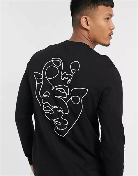 Asos Design Long Sleeve T Shirt In Black With Line Drawing Back Print