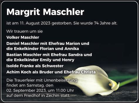 Traueranzeigen Von Margrit Maschler M Rkische Onlinezeitung Trauerportal