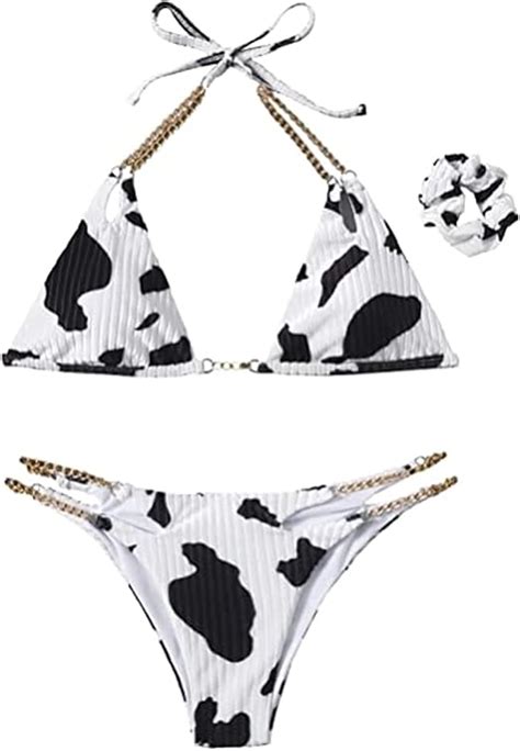 Womens Cow Print Bikini Set Halter Triangle Top Chain Link Cutout Bottom Swimsuit Sexy 2 Piece