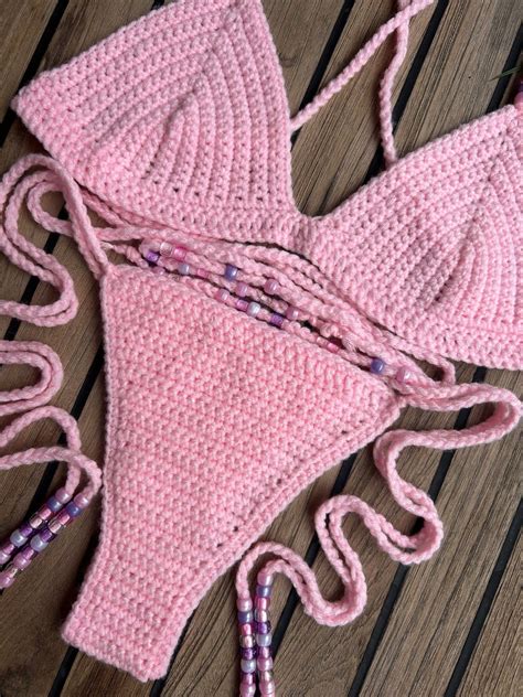 Solid Triangle Beaded Crochet Bikini Set In Baby Pink Etsy