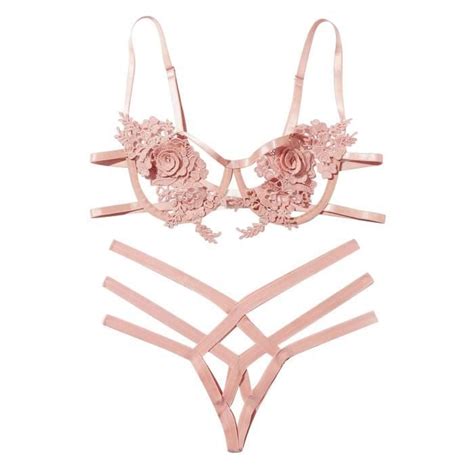 Lingerie Sexy Dentelle Tentation Rose Sous Vêtements Avec Anneau En