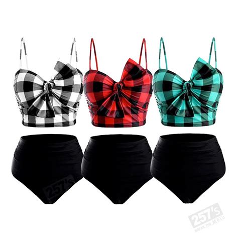 Vintage Pinup Bikini With Checked Top And Bow And Black High Waisted Briefs