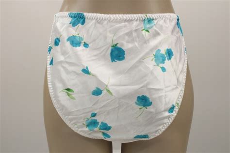Vintage Satin String Bikini Panties Shiny White Blue Roses Flowers L To
