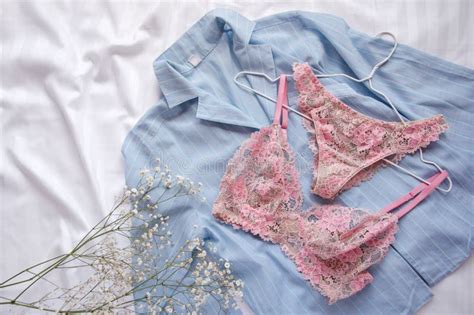 Shopping And Fashion Concept Set Of Glamorous Stylish Lace Lingerie With Flowers And Pajamas