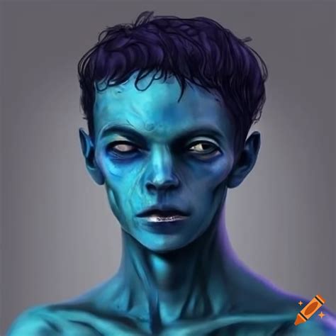 Portrait Of A Blue Skinned Alien Man With Black Hair