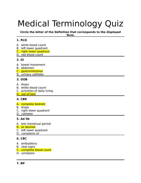 Medical Terminology Quiz Medical Terminology Quiz Circle The Letter