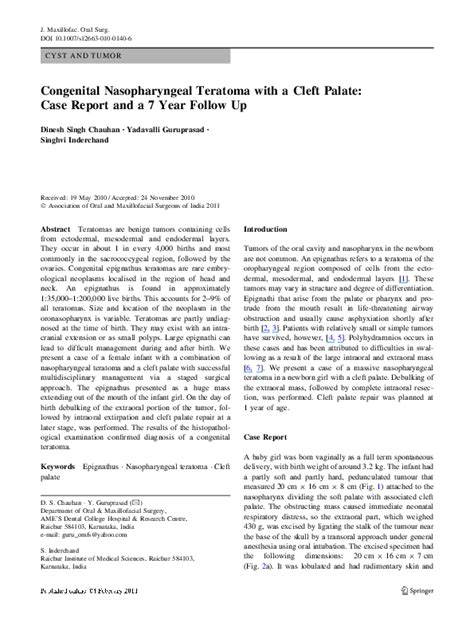 Pdf Congenital Nasopharyngeal Teratoma With A Cleft Palate Case