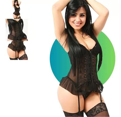 Espartilho Completo Bordado Preto Meia Lingerie Sexy Parcelamento Sem Juros