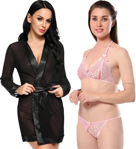 Buy Iyaracollection Women Black Self Design Net Lingerie Robe Set Online At Best Prices In India