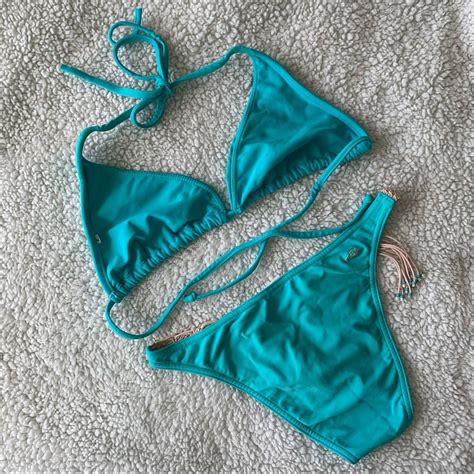 Aqua Blue String Bikini Set W Crochet Detailing Gem