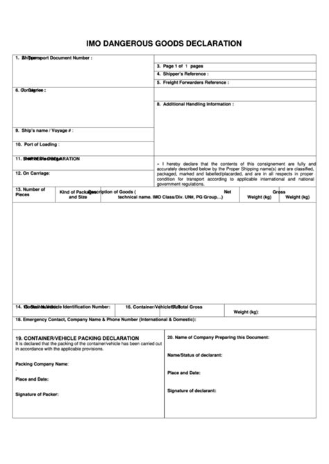 Imo Dangerous Goods Declaration Pdf Printable