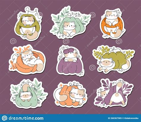 Draw Funny Stickers With Cats In A Pumpkins Kawaii Cat With Pumpkin For