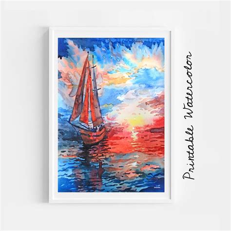 Sailboat at Sunset Watercolor Printable Water Reflection - Etsy