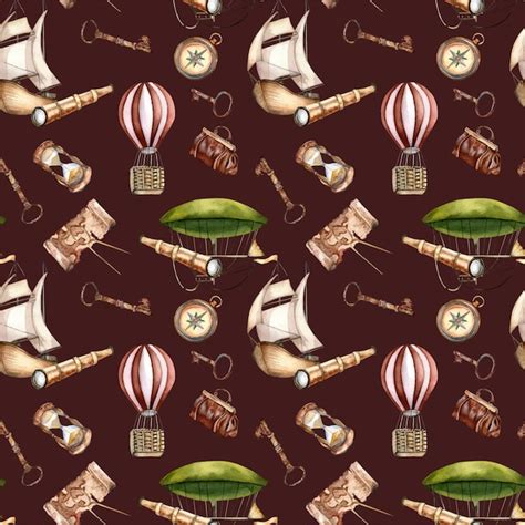 Premium Vector Adventure Vessel Watercolor Seamless Pattern Isolated On Dark Hot Air Balloon