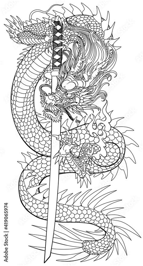 A Japanese dragon with a katana sword. Asian and Eastern mythological ...