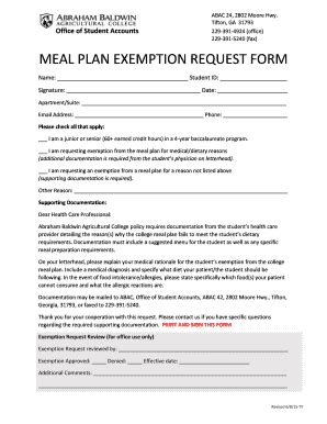 Fillable Online Abac Meal Plan Bexemptionb Request Form Abraham