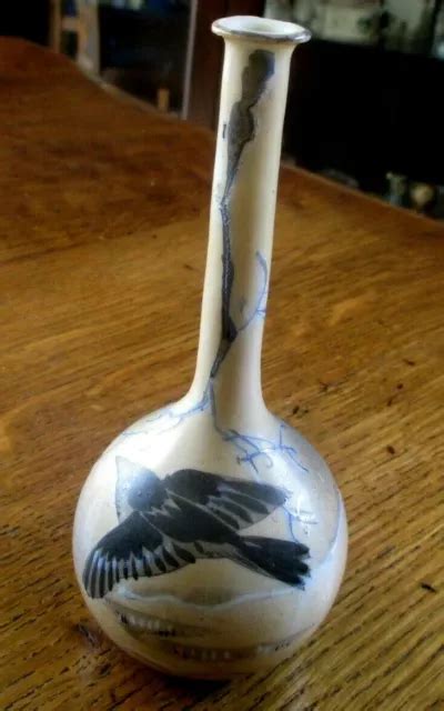 ANCIEN SUPERBE UNIQUE petit vase soliflore en céramique décor oiseaux