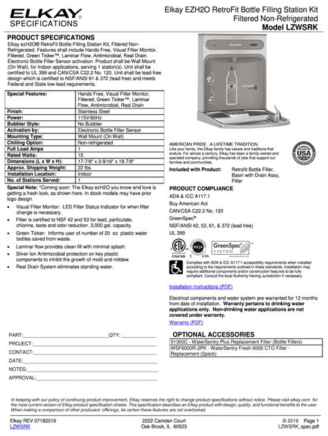 Fillable Online Specifications Elkay Ezh O Retrofit Bottle Filling