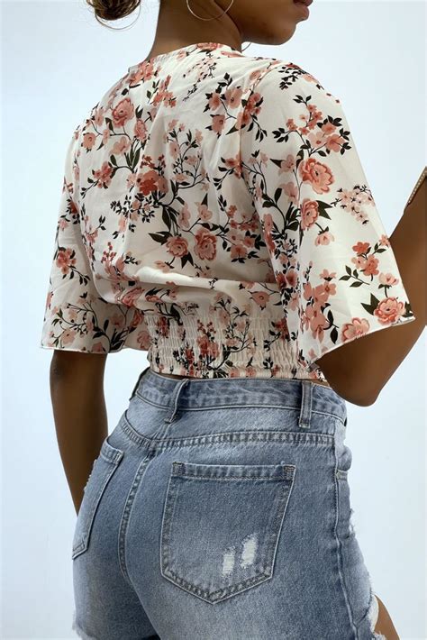 Witte Bloemen Crop Top Overslag Top Met Wijde Mouwen