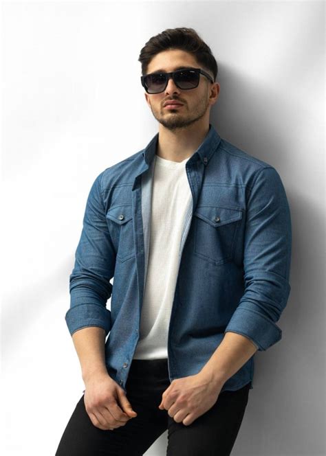 Стильная синяя мужская рубашка под джинс Р-1213 купить в интернет ...