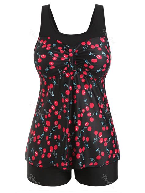 [38 Off] Contrast Ruched Cherry Print Plus Size Tankini Swimsuit Rosegal