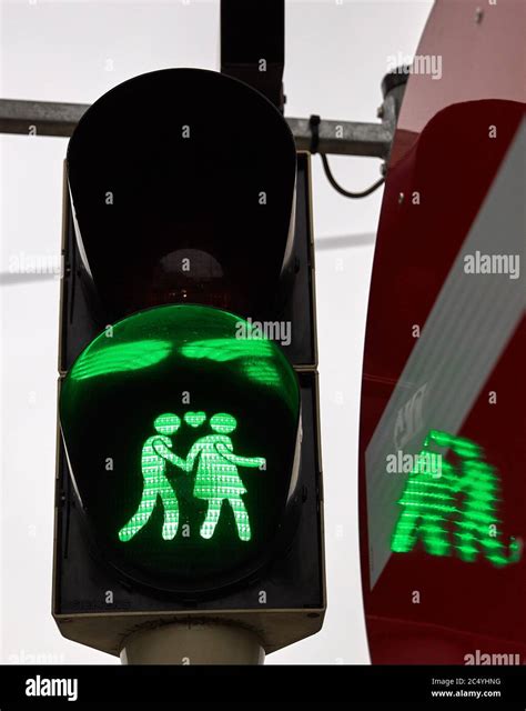 Lovely Pedestrian Traffic Lights Couple Holding Hands Green Light