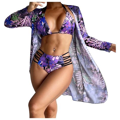 Wreesh Womens Piece Swimsuits Tropical Print Halter Bikini Set With Kimono Beach Cover Ups