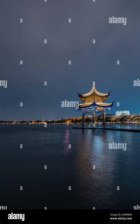 Night View Of Jixian Pavilion The Historic Landmark In At West Lake