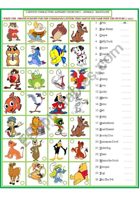 Cartoon Characters Matching Exercise -male 3 - ESL worksheet by INNAina