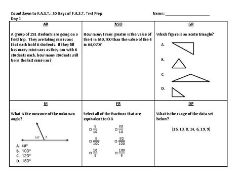 4th Grade Math Florida Fast Pm3 Test Prep 20 Day Printable