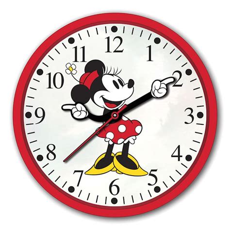 A Red And White Clock With Mickey Mouse On It S Face Showing The Time