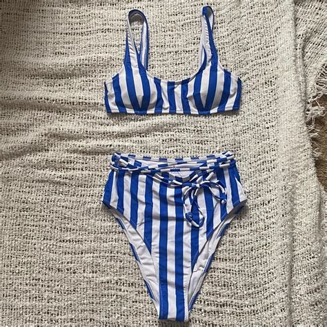 Blue And White High Waisted Cupshe Bikini So Cute Depop