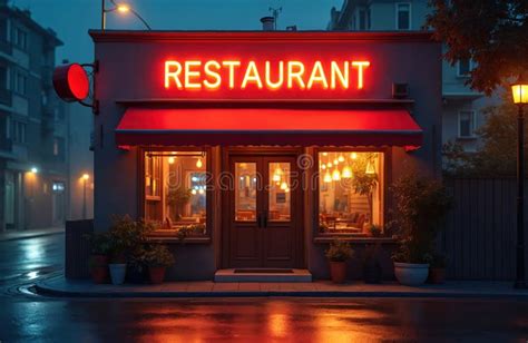 neon sign glows  restaurant entrance  night wet street reflects