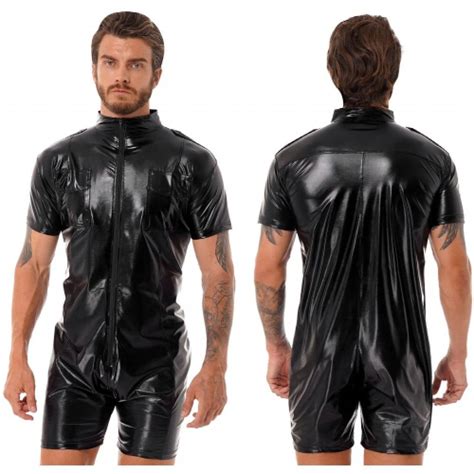 Erotic Lingerie Man Sexy Bodysuit Wetlook Patent Leather Leotard Latex Short Sleeve Zipper