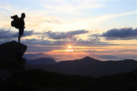 Sunset Scenic Mountains Hiker View Silhouette Looking Landscape