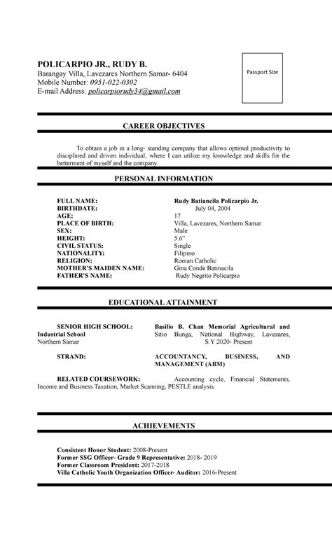 WORK Immersion Resume of Rudy B. Policarpio Jr. (ABM Strand) - Studocu