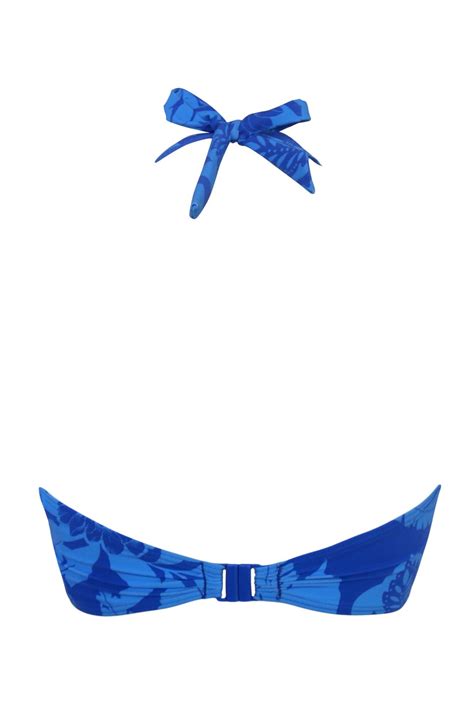 Maui Non Wired Longline Removable Cup Halter Bikini Top In Blue Tropical Pour Moi
