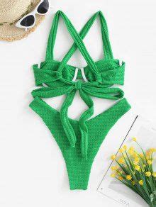 Zaful Criss Cross High Cut Textured Underwire Bikini Swimwear In Green