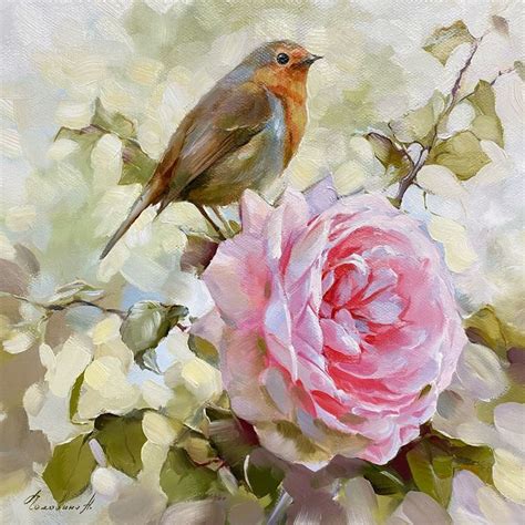 Картина маслом «Птица с розой» в интернет-магазине Ярмарка Мастеров по ...