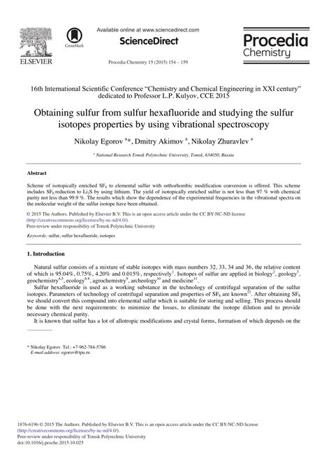 (PDF) Obtaining Sulfur from Sulfur Hexafluoride and Studying the Sulfur ...