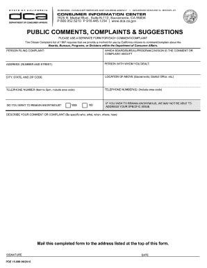 Fillable Online Dca Ca Citizen Comment Complaint Form Fax Email Print