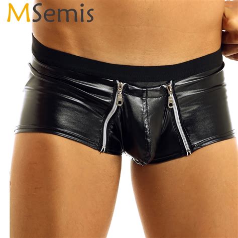 Sexy Gay Mens Panties Faux Leather Double Zipper Bulge Pouch Trunks Boxer Shorts Underwear