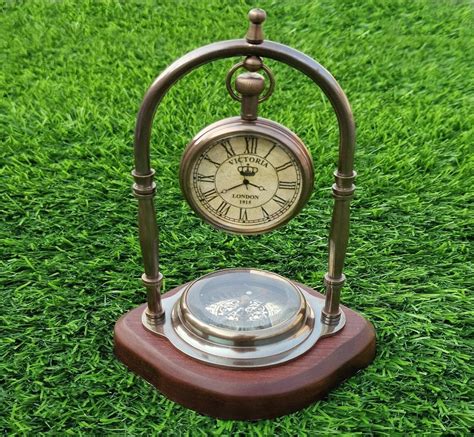 Victoria Table Clock With Compass On Wood Base Best For Home And Office