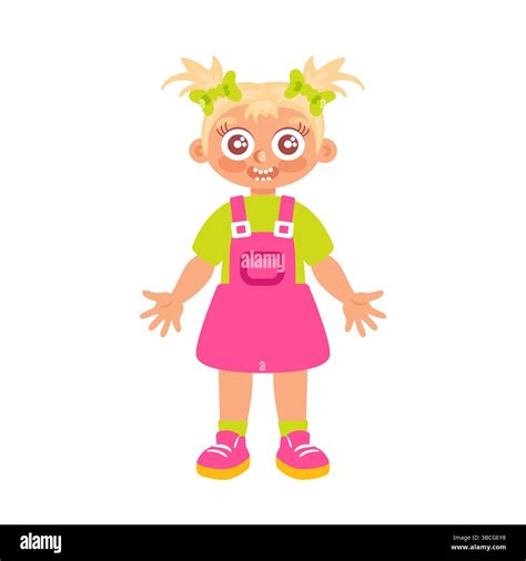 A Cheerful Blonde Girl With Her Hair Styled In Playful Tied In Ponytails A Pink Romper With A