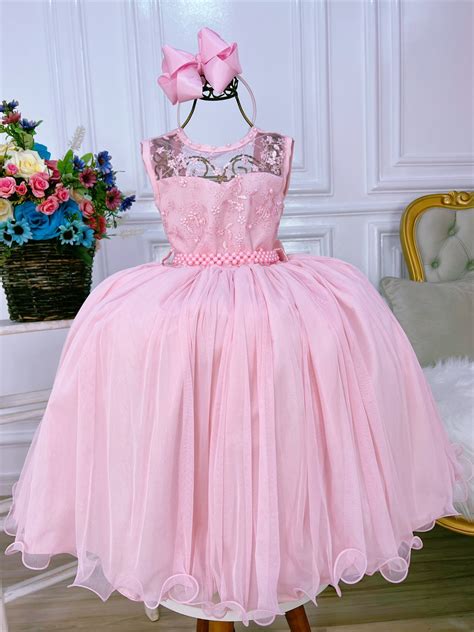 Vestido Infantil Rosa C Renda e Cinto de Pérolas Damas Luxo Rosa