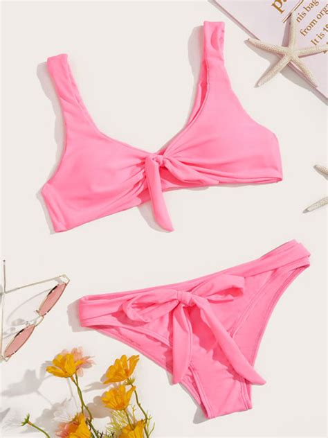 Damen Bikini Badeanzug Pink Straps Neck Summer Beach Badebekleidung Milanoo