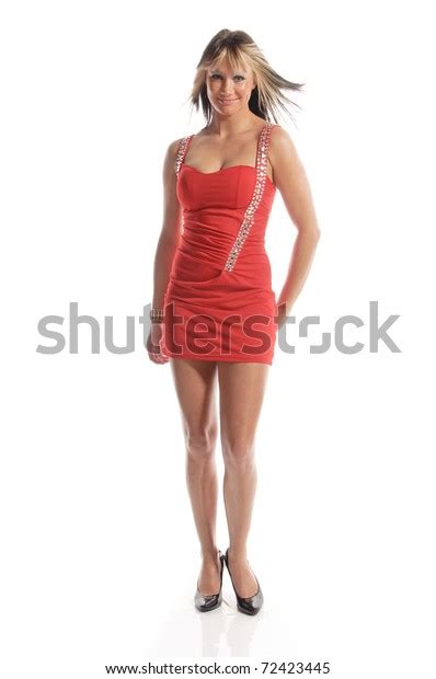 Sexy Brunette Partygirl Red Minidress Dancing Stock Photo