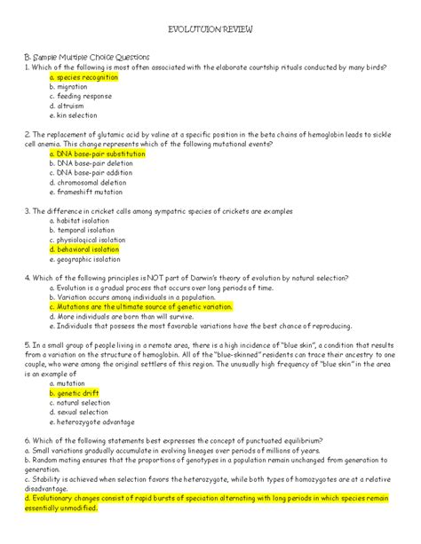 Biology evolution - EVOLUTUION REVIEW B. Sample Multiple Choice