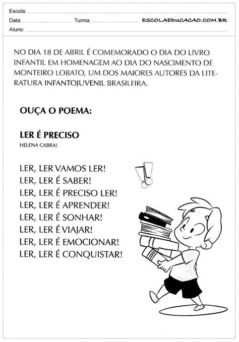 Poesia Sobre O Livro Infantil - Atividades para o Dia do Livro Infantil | Poema sobre escola, Batalha ...